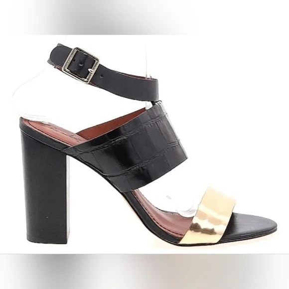 Elizabeth and James Black Faux Crocodile and Gold Strapped Heels - Picture 2 of 5